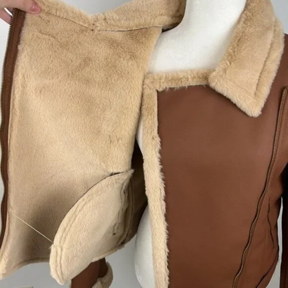 a.n.a. Brown Imitation Leather Coat with Faux Fur Size Large NWT - Picture 5 of 14